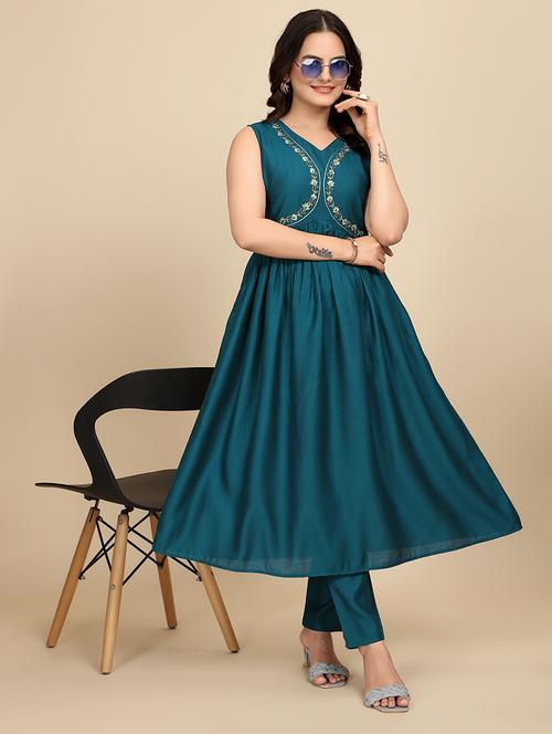 women teal sleeveless kurta pant set - 21645560 - Very Small Image - 1