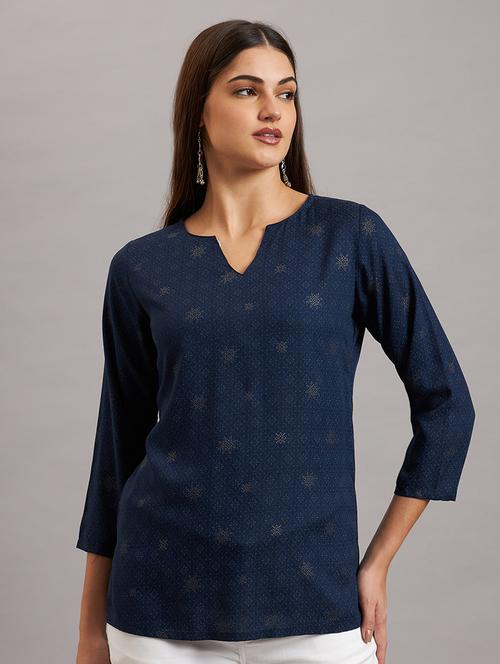 women navy blue notch neck straight kurti - 21648736 - Very Small Image - 1
