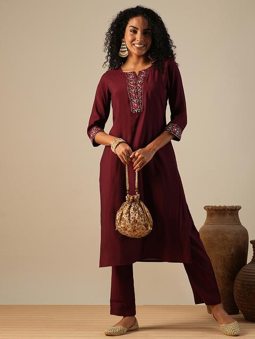 women maroon embroidered kurta pant set - 21649091 - Very Small Image - 1
