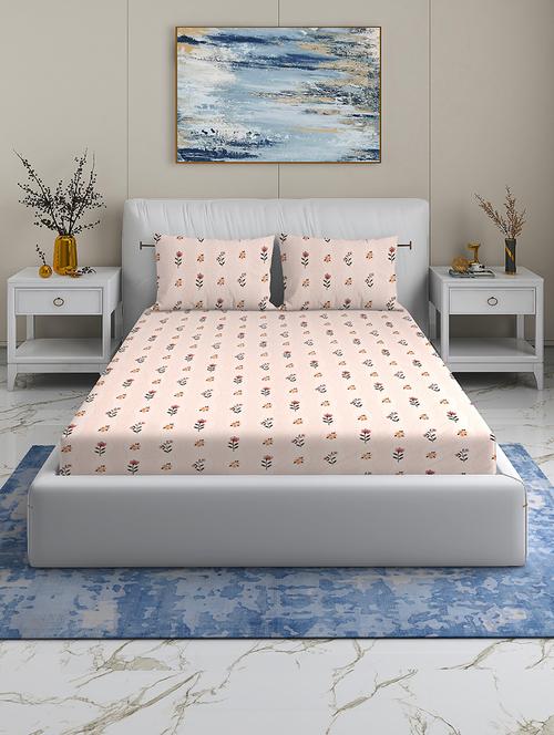 quirky home rome cotton blend fitted queen bedsheet with 2 pillow cover | beige flower - 21649389 - Very Small Image - 1