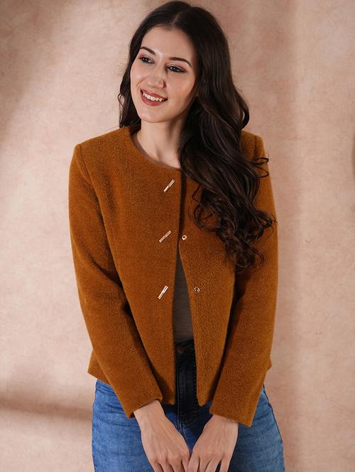 globus women yellow round neck long sleeves self design 2 pockets tailored fit winter wear overcoat - 21649574 - Very Small Image - 1