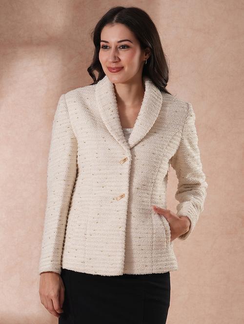 globus women white shawl lapel long sleeves shiny self design 2 pockets tailored fit winter wear overcoat - 21649575 - Very Small Image - 1