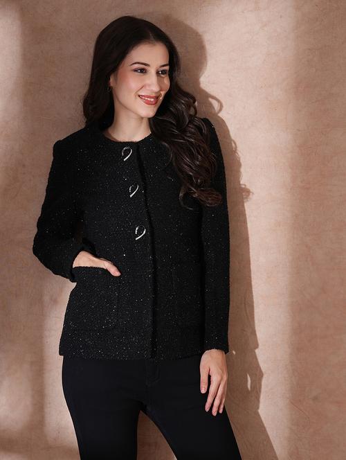 globus women black round neck long sleeves shimmer self design 2 pockets tailored fit winter wear overcoat - 21649578 - Very Small Image - 1