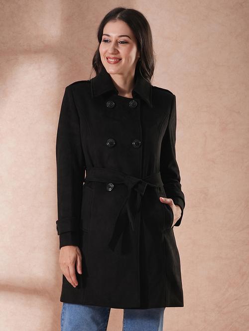 globus women black spread collar long sleeves self design double breasted 2 pockets tailored fit winter wear belted pea coat - 21649582 - Very Small Image - 1