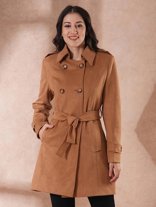 globus women beige spread collar long sleeves self design double breasted 2 pockets tailored fit winter wear belted pea coat - 21649584 - Very Small Image - 1