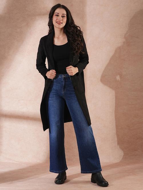 globus women black peak lapel long sleeves self design 2 pockets tailored fit winter wear belted pea coat - 21649606 - Very Small Image - 1