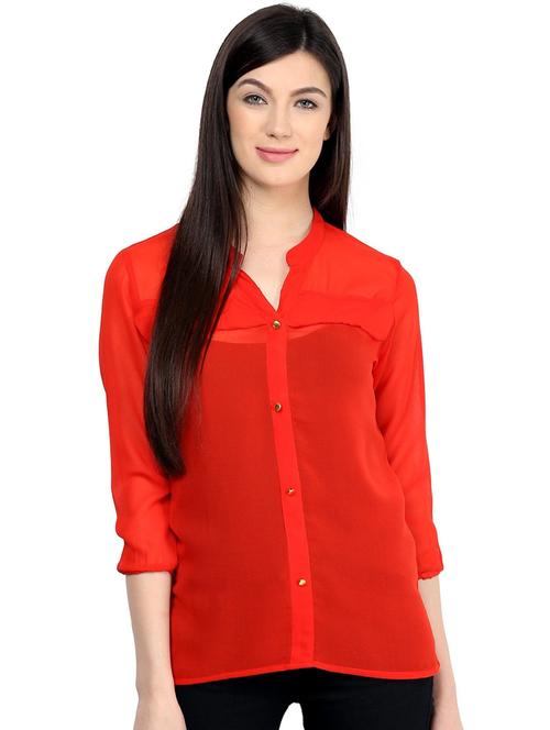 women red solid mandarin neck shirt top - 21651263 - Very Small Image - 1
