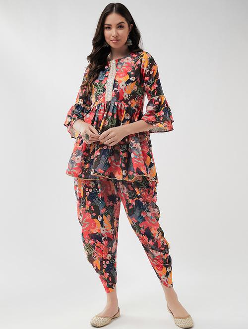 digital printed short empire-cut kurta with lace details and dhoti pant set - 21651456 - Very Small Image - 1