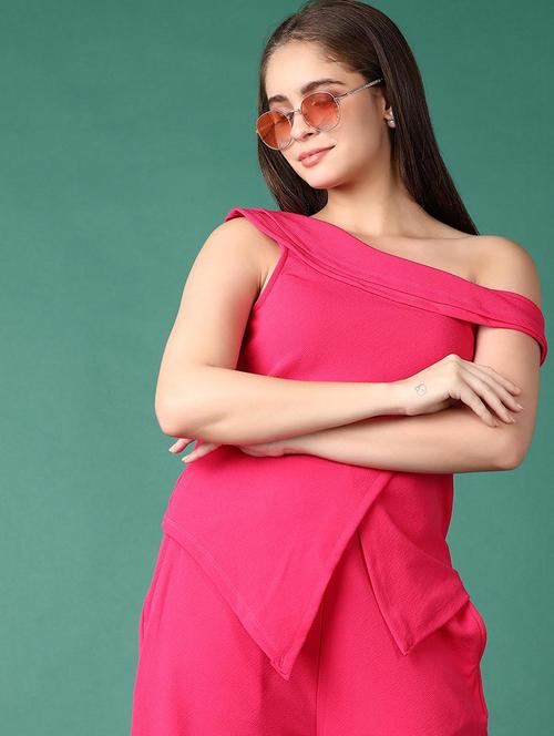 women pink solid off shoulder asymmetric top - 21651577 - Very Small Image - 1
