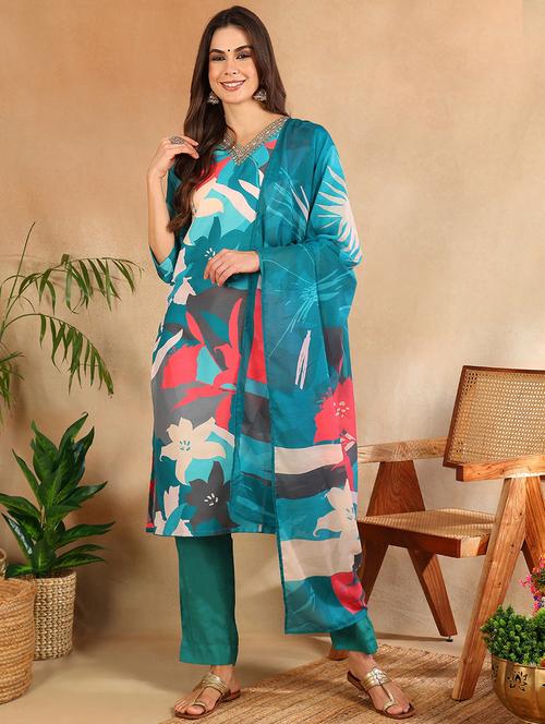 women printed v neck suit set - 21651770 - Very Small Image - 1