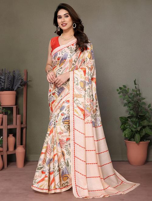 women peach printed saree with blouse - 21651949 - Very Small Image - 1