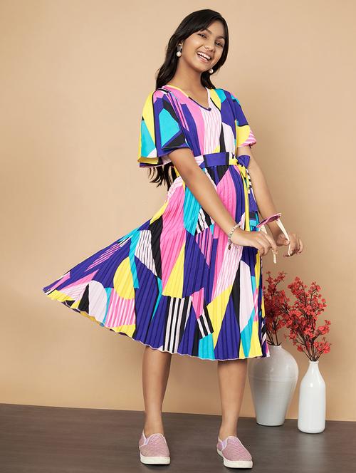 girls printed v neck fit & flare dress - 21652866 - Very Small Image - 1