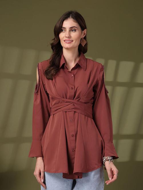 women maroon solid cold shoulder sleeve shirt - 21660695 - Very Small Image - 1