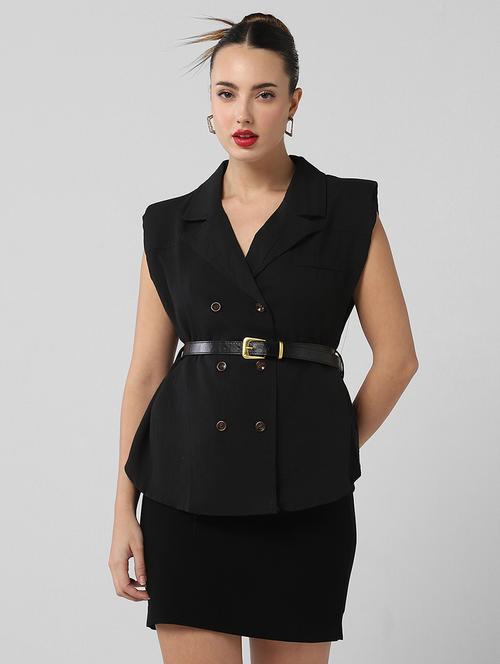 women solid lapel collar sleeveless formal top - 21661807 - Very Small Image - 1