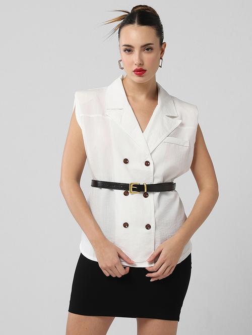 women solid lapel collar sleeveless formal top - 21661808 - Very Small Image - 1