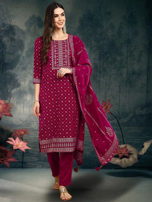 women embroidered three quarter sleeve suit set - 21662068 - Very Small Image - 1