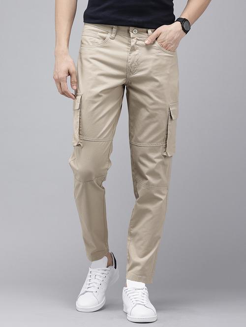 men beige plain mid rise cargos - 21663988 - Very Small Image - 1