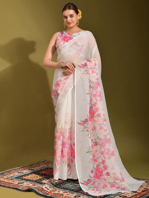 women white floral printed saree with blouse - 21664898 - Very Small Image - 1