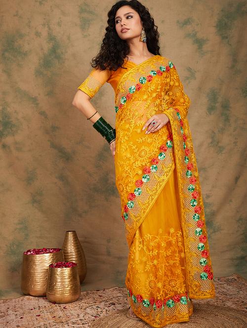 women solid with work embellished saree with blouse - 21665632 - Very Small Image - 1