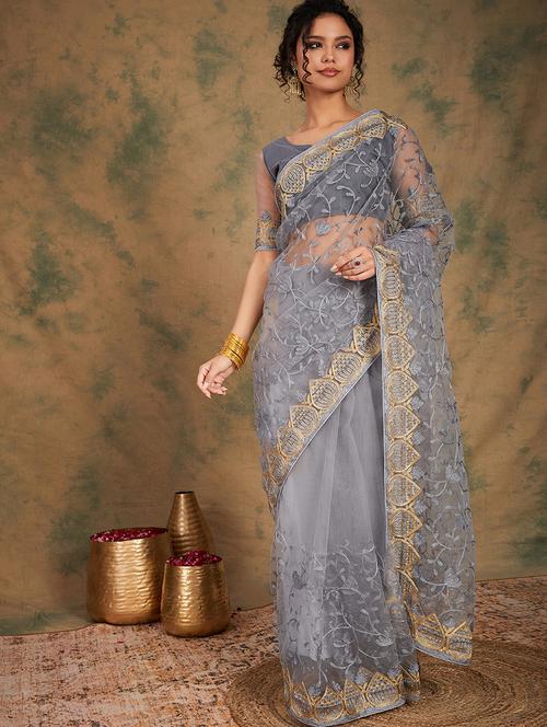 women solid with work embroidered saree with blouse - 21665638 - Very Small Image - 1