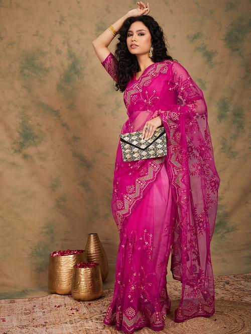 women solid with work embroidered saree with blouse - 21665640 - Very Small Image - 1