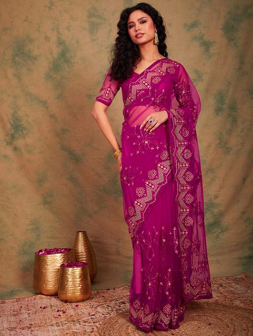 women solid with work embroidered saree with blouse - 21665646 - Very Small Image - 1