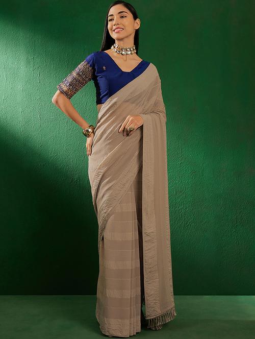women grey stripes plain saree with blouse - 21665794 - Very Small Image - 1