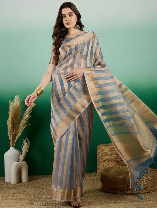 women teal stripes printed saree with blouse - 21665935 - Very Small Image - 1