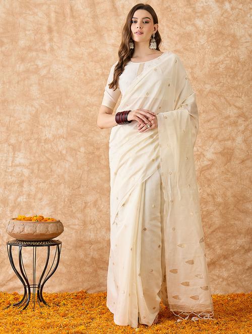 women off-white self design hnadloom saree with blouse - 21666041 - Very Small Image - 1