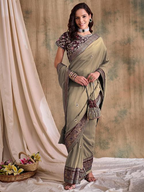women beige embroidered bordered saree - 21666076 - Very Small Image - 1