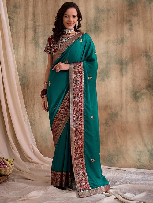 women green embroidered bordered saree with blouse - 21666077 - Very Small Image - 1