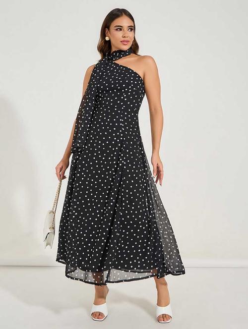 women polka doted single shoulder fit & flare dress - 21666364 - Very Small Image - 1