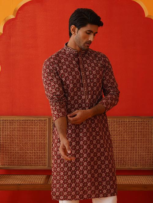 men mandarin neck embroidered long kurta - 21667126 - Very Small Image - 1