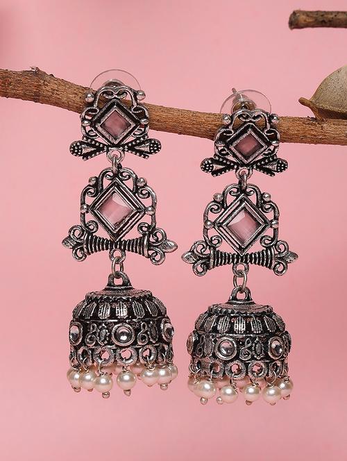 pink studded silver plated oxidized jhumka earrings - 21667928 - Very Small Image - 1
