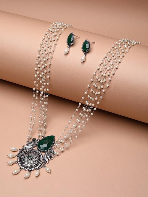green stone studded silver layered chain necklace with earrings - 21667965 - Very Small Image - 1