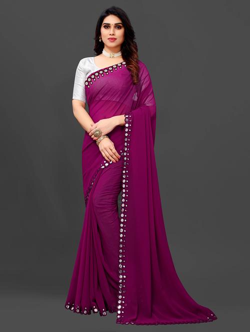 women mirror work scalloped bordered saree - 21671440 - Very Small Image - 1