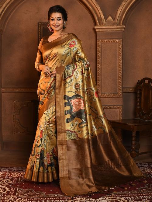 women gold floral printed saree with blouse - 21675740 - Very Small Image - 1