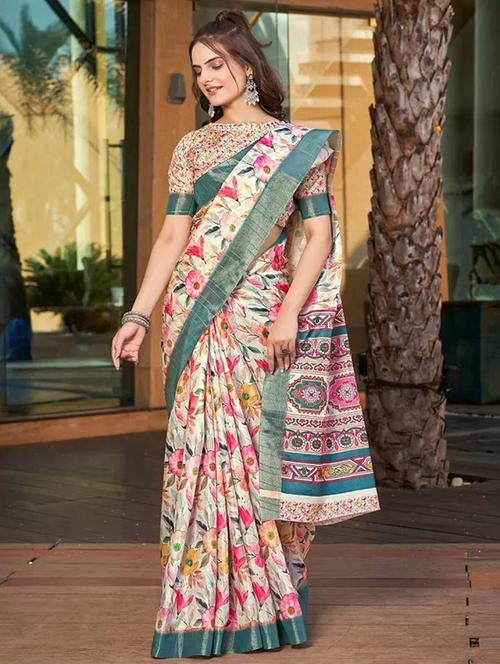 women beige floral printed saree with blouse - 21675843 - Very Small Image - 1