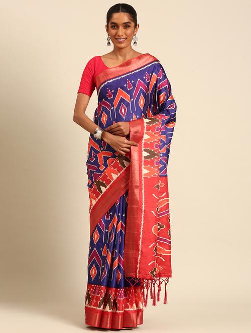 women ikat printed casual wear saree with blouse - 21677199 - Very Small Image - 1