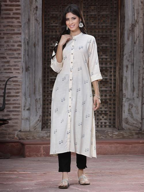 women off-white floral mandarin neck straight kurta - 21679209 - Very Small Image - 1
