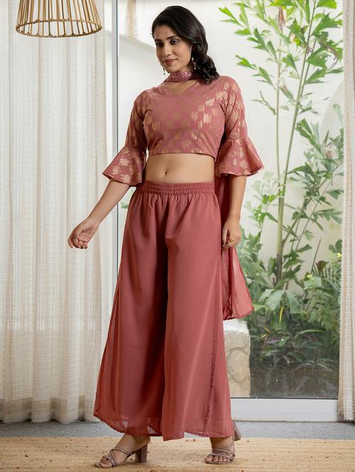 women peach sequin work v neck fusion set - 21679283 - Very Small Image - 1