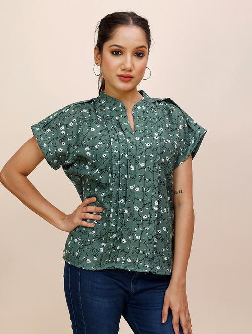 women printed mandarin neck short sleeves top - 21681417 - Very Small Image - 1