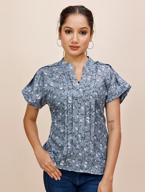 women printed mandarin neck short sleeves top - 21681418 - Very Small Image - 1
