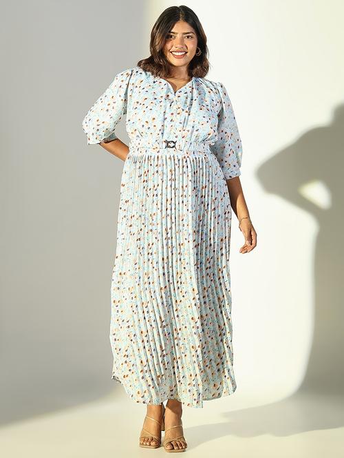 women light blue floral fit and flare dress with belt - 21682099 - Very Small Image - 1