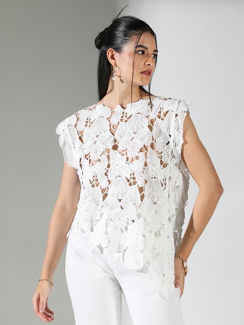 women crochet work round neck asymmetric top - 21682272 - Very Small Image - 1