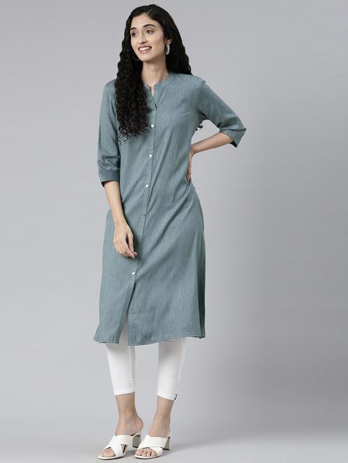 women solid mandarin neck a-line kurta - 21682756 - Very Small Image - 1