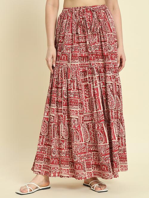 women maroon printed tiered long skirt - 21685533 - Very Small Image - 1