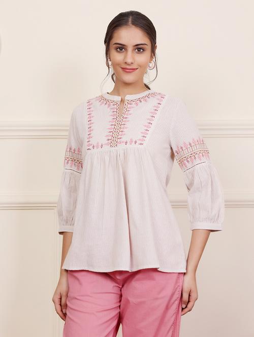 women beige striped three quarter sleeve a line tunic - 21686463 - Very Small Image - 1