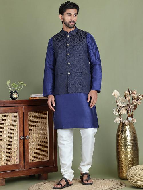 men self design kurta pyjama with jacket ethnic wear set - 21687079 - Very Small Image - 1