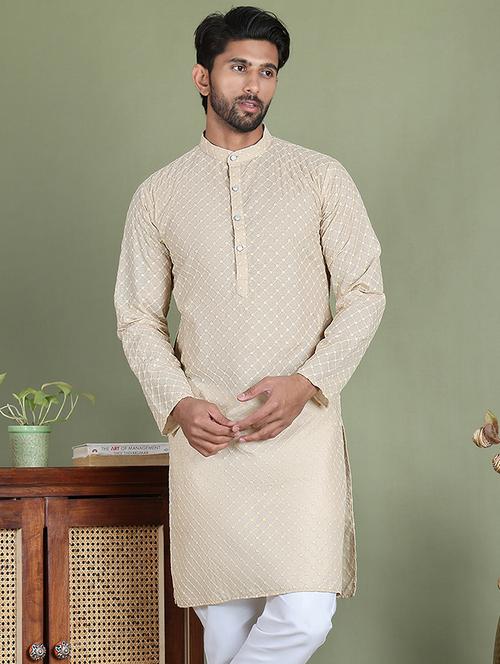 cream cotton long kurta - 21687742 - Very Small Image - 1